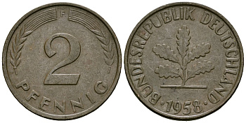 ФРГ 2 пфеннига 1958 F KM 106 бронза 4173-1137