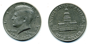США 50 центов = 1/2 доллара 1976 200 лет независимости, Джон Кеннеди KM 205 медь плакированная медно-никелем 179-243