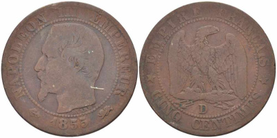ФРАНЦИЯ 5 САНТИМОВ 1855 D, НАПОЛЕОН III (1852-1870) KM 777.4, LE FRANC 116.23 бронза 108-331