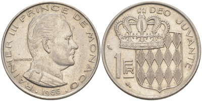 Монако 1 франк 1966 Ренье III (1949-2005) KM 140 никель 73-343