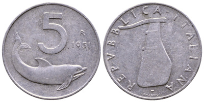 ИТАЛИЯ 5 ЛИР 1951 R, РУЛЬ, ДЕЛЬФИН KM 92 алюминий 4379-967