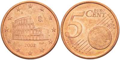 ИТАЛИЯ 5 ЕВРОЦЕНТОВ 2002 R KM 210 сталь покрытая медью 3457-1262