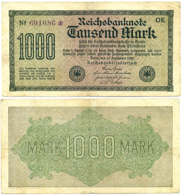 ГЕРМАНИЯ 1000 МАРОК 1922 15 СЕНТЯБРЯ 1922, ВОДЯНОЙ ЗНАК F, БЕЛАЯ БУМАГА Pick 76c бумага 3295-53-1