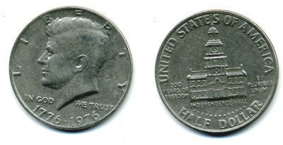 США 50 центов = 1/2 доллара 1976 200 лет независимости, Джон Кеннеди KM 205 медь плакированная медно-никелем 179-243