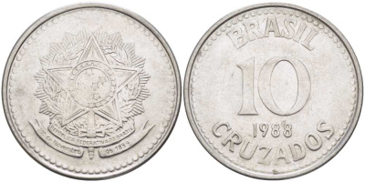 Бразилия 10 крузадо 1988 реформа 1986-1989 KM 607 нержавеющая сталь 210-227