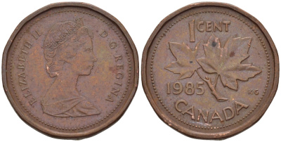 Канада 1 цент 1985 Елизавета II (1952-2022), кленовый лист KM 132 бронза 54-1046