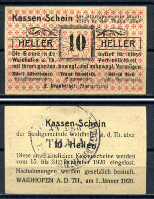 Вайдхофен-ан-дер-Тайя (Австрия) 10 геллеров 1920 Jaksc/Pick?JPR1125Ib-10, бумага 7556-31-2-1