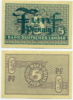 ФРГ 5 ПФЕННИГОВ 1948 BANK DEUTSCHER LANDER Pick 11a, Rosenberg 250b бумага UNC (ПРЕСС) 8613-14-3-1