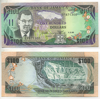 ЯМАЙКА 100 ДОЛЛАРОВ 1993 1 ФЕВРАЛЯ 1993, СЭР ДОНАЛЬД СЕНГСТЕР, ПОДПИСЬ 11 Pick 75c бумага 7551-17-3-2