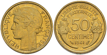 ФРАНЦИЯ 50 САНТИМОВ 1941 ТИП MORLON KM 894.1, LE FRANC 192.18 алюминиевая бронза 44-612