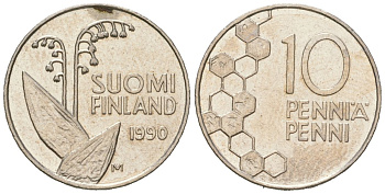 Финляндия 10 пенни 1990 M KM 65 медно-никель aUNC 99-1049
