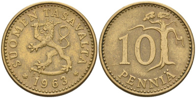 Финляндия 10 пенни 1963 S KM 46 алюминиевая бронза 4595-124