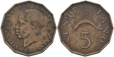Танзания 5 центов 1966 KM 1 бронза 4579-126