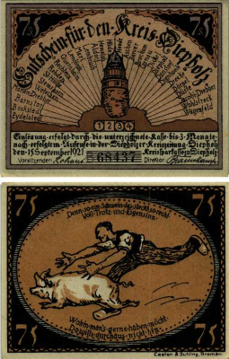 ДИПХОЛЬЦ, ГЕРМАНИЯ 75 ПФЕННИГОВ 1921 НОТГЕЛЬД, ЗЕМЛЯ НИЖНЯЯ САКСОНИЯ, 15 СЕНТЯБРЯ 1921, СЕРИЯ В, BILDER 2 ARNOLD KELLER 273.4 бумага UNC (ПРЕСС) 000-00-00