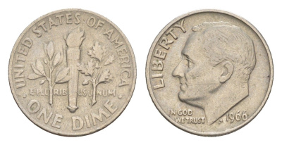 США 1 дайм (10 центов) 1966 президент Рузвельт KM 195a медь плакированная медно-никелем 4649-1258