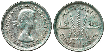 Австралия 3 пенса 1961 m, Елизавета II (1952-2022) KM 57 серебро 71-735