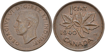 Канада 1 цент 1940 Георг VI (1937-1952), кленовый лист KM 32 бронза 4115-737