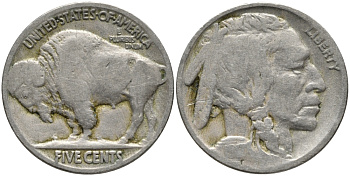 США 5 центов 1917 индеец, бизон KM 134 медно-никель 00-00