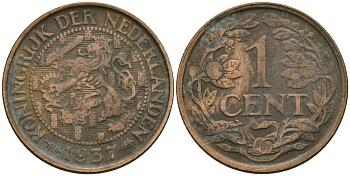 Нидерланды 1 цент 1937 Вильгельмина (1890-1948) KM 152 бронза 4576-1132