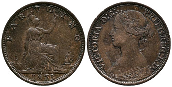 Великобритания 1 фартинг 1873 Виктория (1837-1901) KM 747.2, Spink 3958 бронза  1518-512