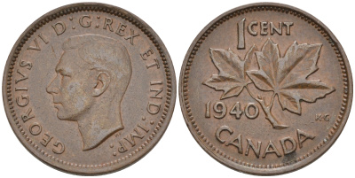Канада 1 цент 1940 Георг VI (1937-1952), кленовый лист KM 32 бронза 4115-737