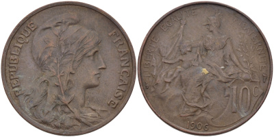 ФРАНЦИЯ 10 САНТИМОВ 1906 ТИП ДАНИЭЛЬ ДЮПЮИ KM 843, LA FRANC 136.16 бронза 97-1225
