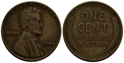 США 1 цент 1944 Линкольн KM A132 медь цинк 4164-836