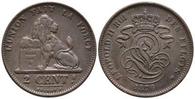 БЕЛЬГИЯ 2 САНТИМА 1870 BELGES KM 35.1 медь 34-1114