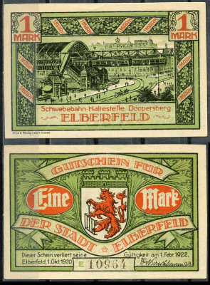 Германия, Эльберфельд 1 марка 1922 нотгельд, городские виды, зеленая Mehl 324.1 бумага UNC (пресс) 00-00