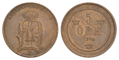 Швеция 5 эре 1884 Оскар II (1872-1907) KM 736 бронза 1518-744