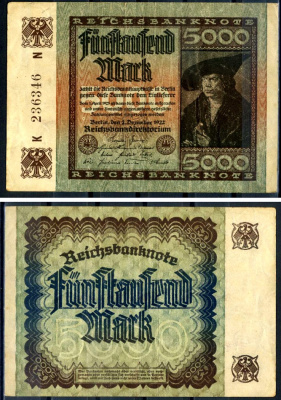 Германия 5000 марок 1922 2 декабря 1922, водяной знак E, серия N, буква K Pick 81 a бумага 8589-14-1-1