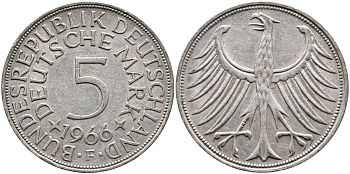 ФРГ 5 марок 1966 F, J. 387, KM 112.1 серебро 4389-332