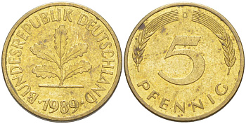ФРГ 5 ПФЕННИГОВ 1989 D KM 107, J. 382 сталь плакированная латунью 201-146
