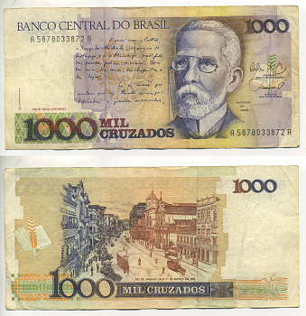 БРАЗИЛИЯ 1000 КРУЗАДО 1988 ПОДПИСЬ 26 Pick 213b бумага 445-16-3