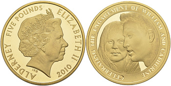 Олдерни 5 фунтов 2010 помолвка принца Уильяма и Кейт Миддлтон, в оригинальной коробке, с сертификатом, проба 925, позолота, тираж 5000 экз. KM 211a серебро PROOF 3-4-4-32