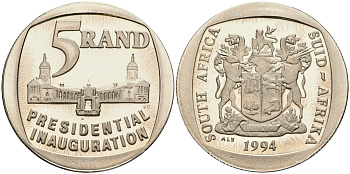 ЮАР 5 рандов 1994 инаугурация президента KM 150 медь плакированная никелем PROOF 11-173-11