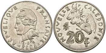 Французская Новая Каледония 20 франков 2004 три быка, (IEOM) KM 12, Schoen 14, Lec 115h никель 81-634