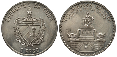Куба 1 песо 2004 памятники Кубы, фонтан из Индии CU-000409 медно-никель UNC 00-00