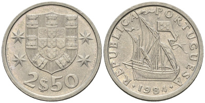 Португалия 2,5 эскудо 1984 парусник KM 590 медно-никель 4147-649