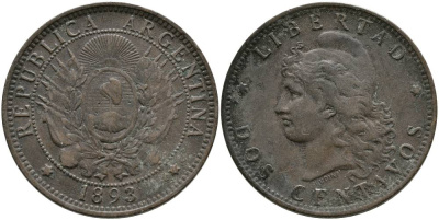 Аргентина 2 сентаво 1893 голова свободы влево KM 8 бронза 4531-1135