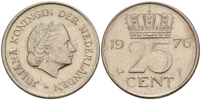Нидерланды 25 центов 1976 Юлиана (1949-1980) KM 183 никель    4598-518