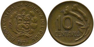 Перу 10 сентаво 1970 KM 245.2, Schon 50 латунь 4532-313