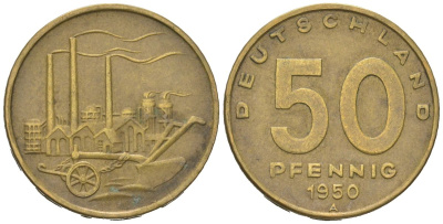 ГДР 50 пфеннигов 1950 А, фабрика KM 4 алюминиевая бронза 188-644