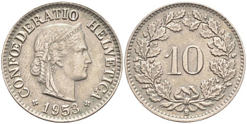 ШВЕЙЦАРИЯ 10 РАППЕНОВ 1953 В KM 27 медно-никель 55-236