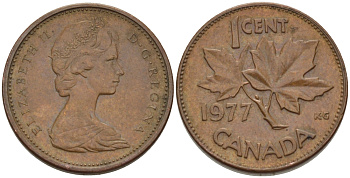 Канада 1 цент 1977 Елизавета II (1952-2022), кленовый лист KM 59.1 бронза 4608-429
