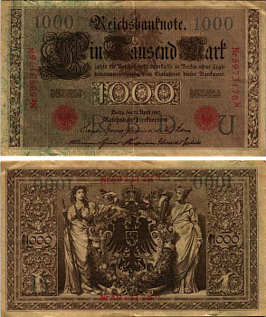 ГЕРМАНИЯ 1000 МАРОК 1910 21 АПРЕЛЯ 1910, КРАСНЫЙ СЕМИЗНАЧНЫЙ НОМЕР Pick 44b бумага 6278-35-2-1