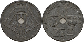 Бельгия 25 сантимов 1945 Belgie - Belgique, Леопольд III (1934-1947), германская оккупация, Вторая мировая война KM 132 цинк 4157-643