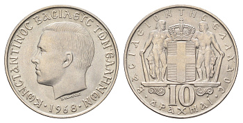 Греция 10 драхм 1968 год-тип, Константин II (1964-1973) KM 96 медно-никель UNC 4667-842