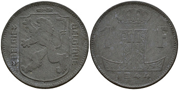 Бельгия 1 франк 1944 Belgie - Belgique, Леопольд III (1934-1947), германская оккупация, Вторая мировая война KM 128 цинк 4161-543