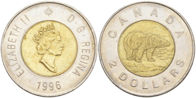 Канада 2 доллара 1996 ПОЛЯРНЫЙ, БЕЛЫЙ МЕДВЕДЬ KM 270 биметалл aUNC 4114-832